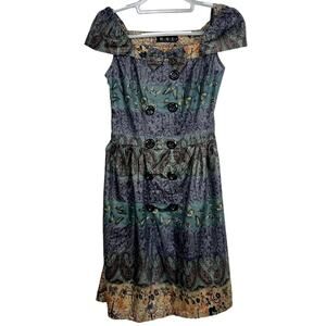 Women's HSL Midi Hippie Dress with Paisley Butterfly Print & Puff Sleeves Medium